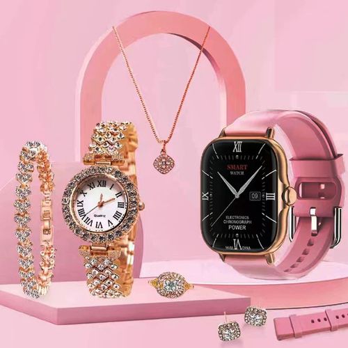 A58 Plus 2024 Women's Luxury Gold Watch Unique Gift Set Women's Gold Necklace Ring Double Band Women's