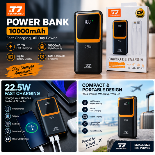 T7 Techyoreo 10000mAh Power Bank – 22.5W Fast Charging