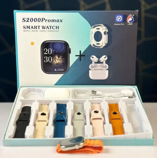 S2000 Pro Max Smart Watch 7-in-2 Edition – Bluetooth Calling, Heart Rate, BP, SpO₂, Sleep Tracking, Waterproof Fitness Smartwatch with 7 Straps + TWS Earbuds
